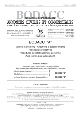 Bodacc Bulletin Officiel Des Annonces Civiles Et Commerciales Annexé Au Journal Officiel De La