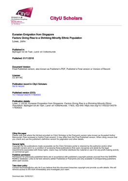 Eurasian Emigration from Singapore Factors Giving Rise to a Shrinking Minority Ethnic Population Lowe, John