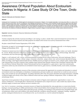 Awareness of Rural Population About Ecotourism Centres in Nigeria: a Case Study of Ore Town, Ondo State