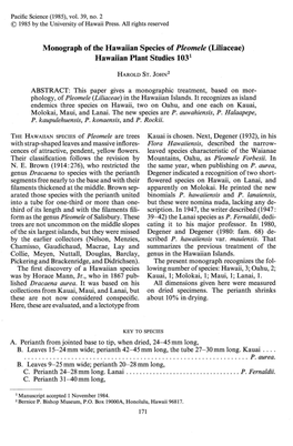 Monograph of the Hawaiian Species of Pleomele (Liliaceae) Hawaiian Plant Studies 103 1
