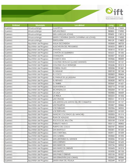 Entidad Municipio Localidad Long