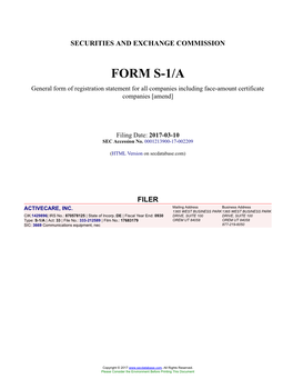 ACTIVECARE, INC. Form S-1/A Filed 2017-03-10