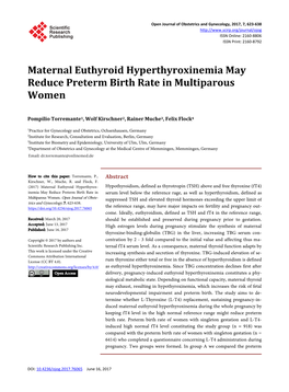 Maternal Euthyroid Hyperthyroxinemia May Reduce Preterm Birth Rate in Multiparous Women