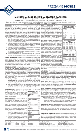 MONDAY, AUGUST 13, 2012 at SEATTLE MARINERS RH Alex Cobb (6-8, 4.32) Vs