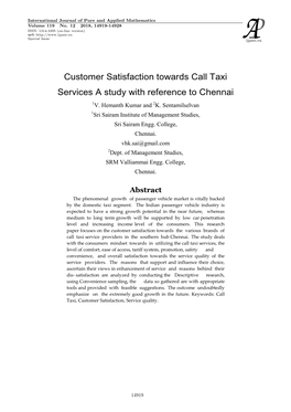 Customer Satisfaction Towards Call Taxi Services a Study with Reference to Chennai 1V