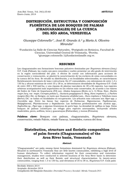 Distribución, Estructura Y Composición Florística De Los Bosques De Palmas (Chaguaramales) De La Cuenca Del Río Aroa, Venezuela