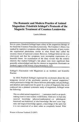 The Romantic and Modern Practice of Animal Magnetism: Friedrich Schlegei's Protocols Ofthe Magnetic Treatment of Countess Lesniowska