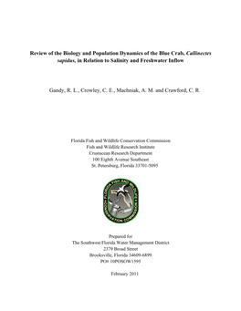 Review of the Biology and Population Dynamics of the Blue Crab, Callinectes Sapidus, in Relation to Salinity and Freshwater Inflow