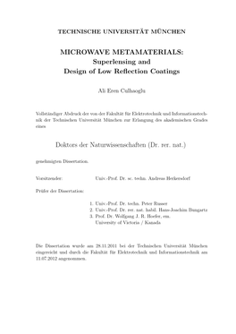 MICROWAVE METAMATERIALS: Superlensing and Design of Low Reﬂection Coatings