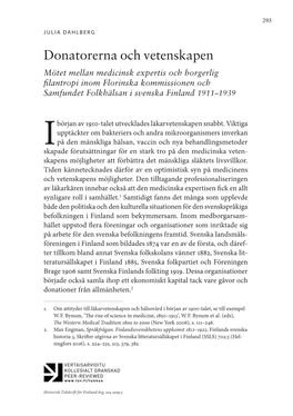 Donatorerna Och Vetenskapen Mötet Mellan Medicinsk Expertis Och Borgerlig Filantropi Inom Florinska Kommissionen Och Samfundet Folkhälsan I Svenska Finland 1911–1939