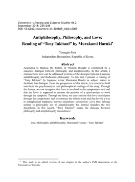 Antiphilosophy, Philosophy, and Love: Reading of “Tony Takitani” by Murakami Haruki