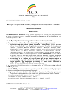 Bando Per L'assegnazione Di Contributi Per Il Pagamento Del Servizio Idrico – Anno 2012