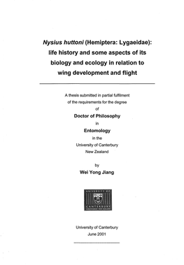 Nysius Huttoni (Hemiptera: Lygaeidae): Life History and Some Aspects of Its Biology and Ecology in Relation to Wing Development and Flight