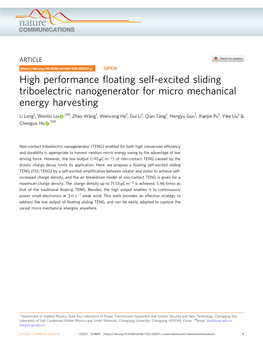 High Performance Floating Self-Excited Sliding Triboelectric Nanogenerator