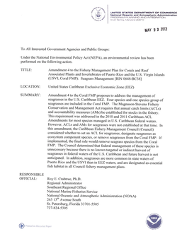 Amendment 4 to the Fishery Management Plan for Corals and Reef Associated Plants and Invertebrates of Puerto Rico and the U.S