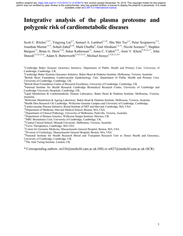 Integrative Analysis of the Plasma Proteome and Polygenic Risk of Cardiometabolic Diseases