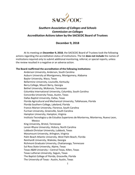 Southern Association of Colleges and Schools Commission on Colleges Accreditation Actions Taken by the SACSCOC Board of Trustees