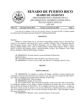 Senado De Puerto Rico Diario De Sesiones Procedimientos Y Debates De La Decimoquinta Asamblea Legislativa Segunda Sesion Especial Año 2007 Vol