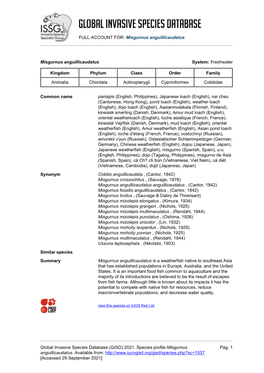 FULL ACCOUNT FOR: Misgurnus Anguillicaudatus Global Invasive Species Database (GISD) 2021. Species Profile Misgurnus Anguillicau
