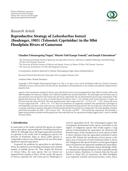 Reproductive Strategy of Labeobarbus Batesii (Boulenger, 1903) (Teleostei: Cyprinidae) in the Mbô Floodplain Rivers of Cameroon