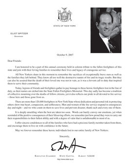 Eliot Spitzer October 9, 2007 Dear Friends: I Am Honored to Be a Part of This Annual Ceremony Held in Solemn Tribute to the Fall