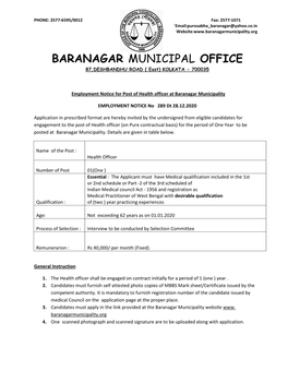 BARANAGAR MUNICIPAL OFFICE 87,DESHBANDHU ROAD ( East) KOLKATA - 700035