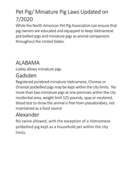 Pet Pig/ Miniature Pig Laws Updated on 7/2020 ALABAMA Gadsden Alexander