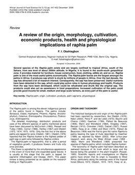 A Review of the Origin, Morphology, Cultivation, Economic Products, Health and Physiological Implications of Raphia Palm