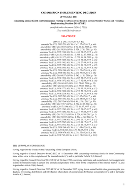Commission Implementing Decision 2014/709/EU Lays Down Animal Health Control Measures in Relation to African Swine Fever in Certain Member States