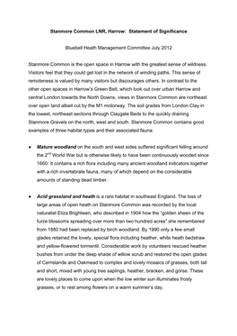 Stanmore Common LNR, Harrow: Statement of Significance