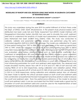 MODELLING of RUNOFF and SOIL EROSION USING SWAT MODEL in SALEBHATA CATCHMENT of MAHANADI BASIN ABSTRACT This Study Was Undertake