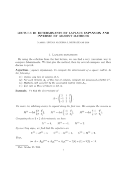 Lecture 10: Determinants by Laplace Expansion and Inverses by Adjoint Matrices