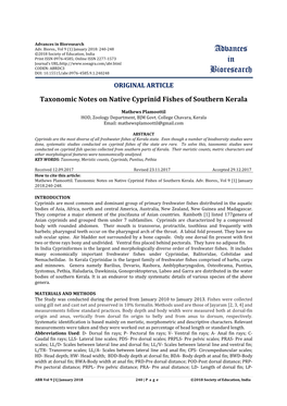 Taxonomic Notes on Native Cyprinid Fishes of Southern Kerala