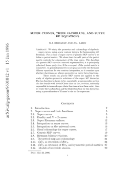 Arxiv:Alg-Geom/9601012 V1 15 Jan 1996 UE UVS HI AOIN,ADSUPER and JACOBIANS, THEIR CURVES, SUPER Date ..Reanblna Eain.20 21 13 12 17 16 Cohomology