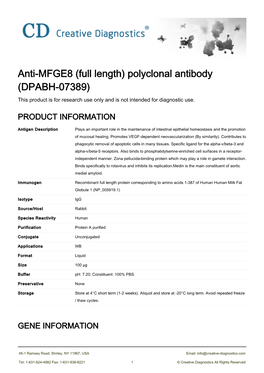 Anti-MFGE8 (Full Length) Polyclonal Antibody (DPABH-07389) This Product Is for Research Use Only and Is Not Intended for Diagnostic Use