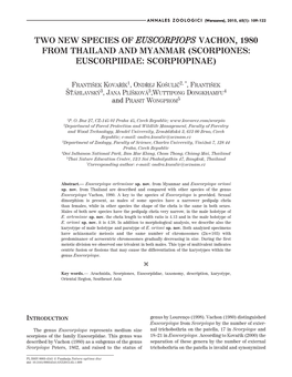 Two New Species of Euscorpiops Vachon, 1980 from Thailand and Myanmar (Scorpiones: Euscorpiidae: Scorpiopinae)