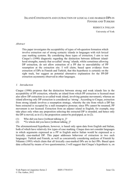 Island Constraints and Extraction of Lexical Case-Marked Dps in Finnish and Turkish