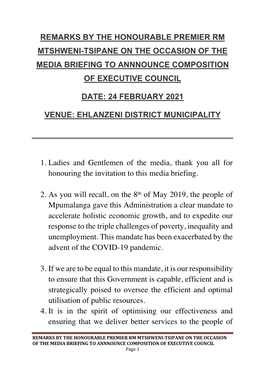 Remarks by the Honourable Premier Rm Mtshweni-Tsipane on the Occasion of the Media Briefing to Annnounce Composition of Executive Council