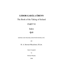 LEBOR GABÁLA ÉRENN the Book of the Taking of Ireland PART VI Index
