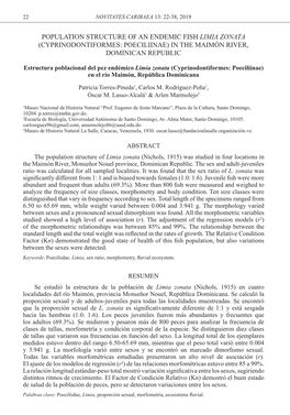 Population Structure of an Endemic Fish Limia Zonata (Cyprinodontiformes: Poeciliinae) in the Maimón River, Dominican Republic