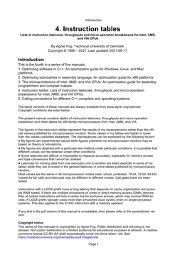 4. Instruction Tables Lists of Instruction Latencies, Throughputs and Micro-Operation Breakdowns for Intel, AMD, and VIA Cpus