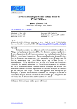 Télévision Numérique Et Séries : Étude De Cas De Tv5mondeplus