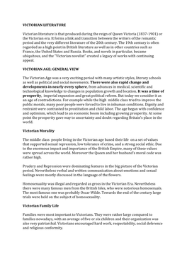 Or the Victorian Era. It Forms a Link and Transition Between the Writers of the Romantic Period and the Very Different Literature of the 20Th Century