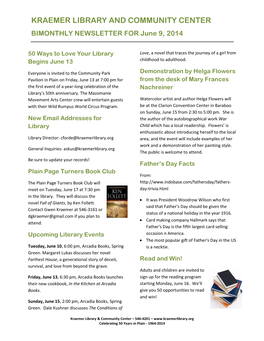 KRAEMER LIBRARY and COMMUNITY CENTER BIMONTHLY NEWSLETTER for June 9, 2014