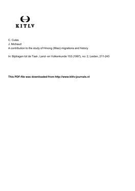 C. Culas J. Michaud a Contribution to the Study of Hmong (Miao) Migrations and History