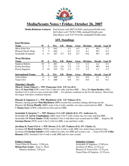 Media/Scouts Notes • Friday, October 26, 2007