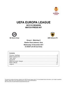 Uefa Europa League 2011/12 Season Match Press Kit