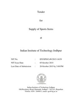 Tender for Supply of Sports Items at Indian Institute of Technology Jodhpur