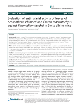 Evaluation of Antimalarial Activity of Leaves of Acokanthera Schimperi