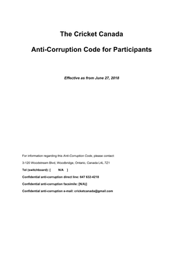 The Cricket Canada Anti-Corruption Code for Participants